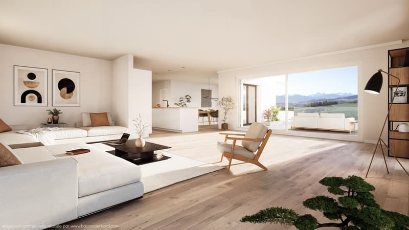 Open living area with large windows, hardwood floors, glass doors, wooden furniture, white sofas, center table, couch chairs, white walls, picture frames, decorative plants