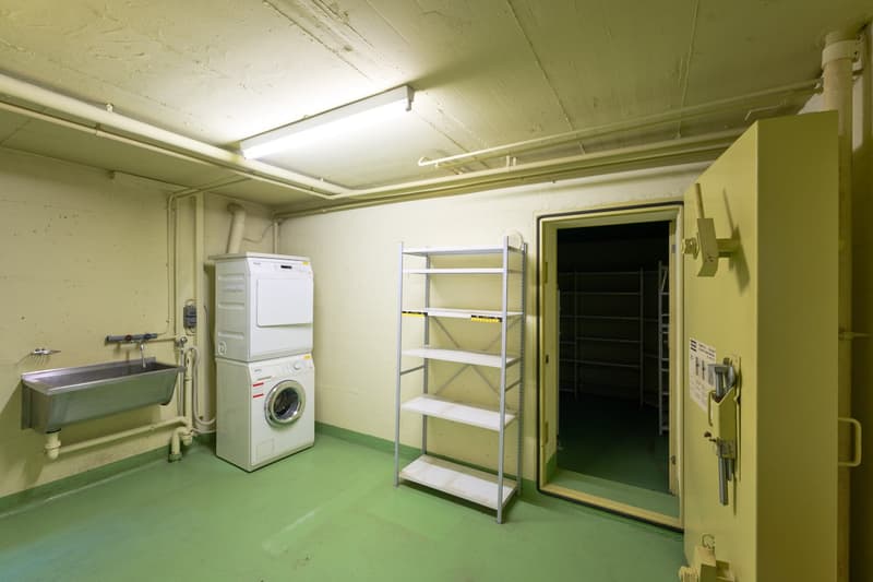 Basement utility room with washing machine, shelving unit, and storage space