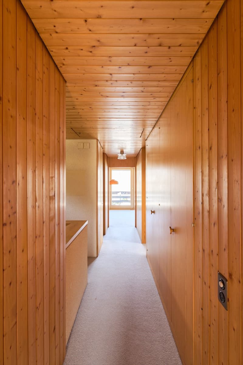 The image shows a long, narrow hallway with wooden paneled walls and ceiling. The hallway has a carpeted floor and appears to have a door or window at the end, allowing natural light to enter. The hallway has a simple, rustic aesthetic with a warm, cozy f