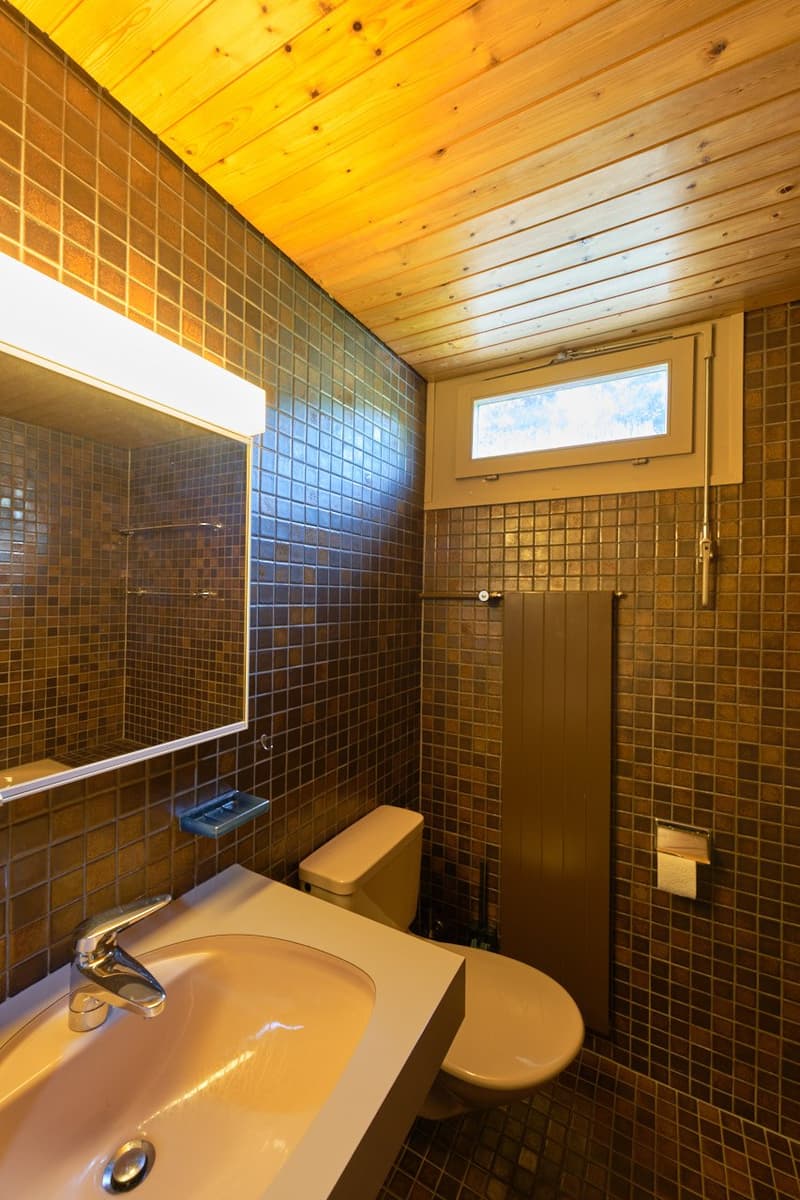 Bathroom with brown mosaic tile walls, wooden ceiling, toilet, sink, and shower enclosure