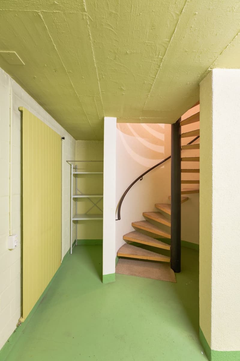 The image shows a hallway with a spiral staircase leading up. The walls are painted in a light green color, and there is a storage closet or shelving unit visible on the left side of the hallway. The floor is also painted in a green color, creating a cohe