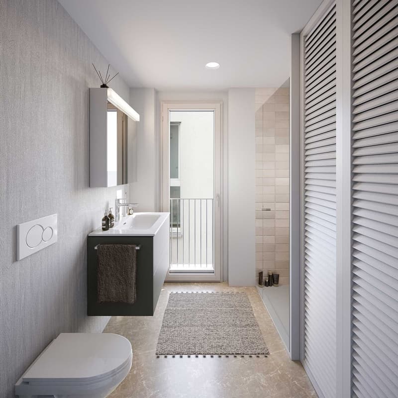 white tiled floor, white walls, gray countertop, sink, mirror, toilet, balcony access, rug