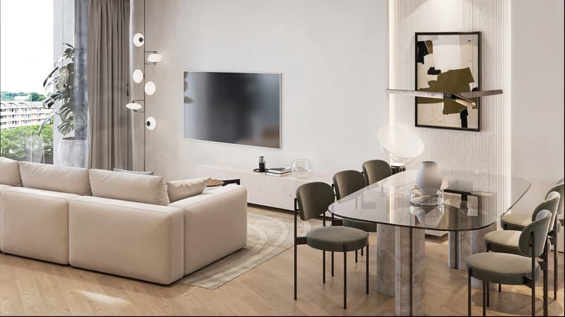 modern living room with a large sofa, a glass table, a flat screen TV, and a white cabinet