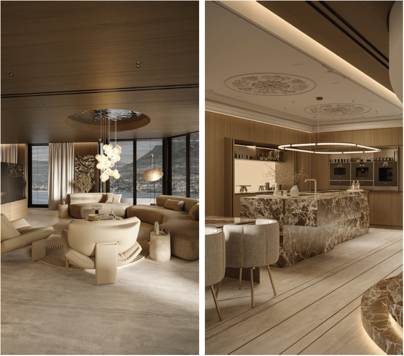 The images show a luxurious and modern interior design. The first image depicts a spacious living room with a large, curved sofa, a circular coffee table, and a statement lighting fixture overhead. The second image shows a high-end kitchen with a large ma