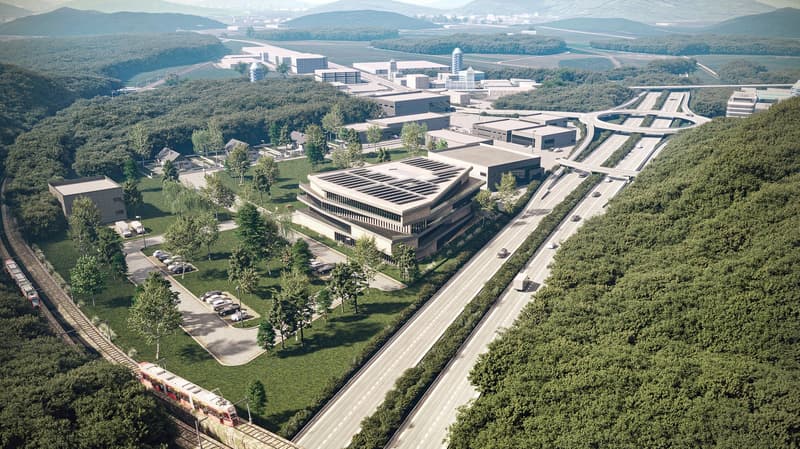 Industrial complex, modern architecture, surrounded by greenery, large road, highway, and railway systems, solar panels on buildings