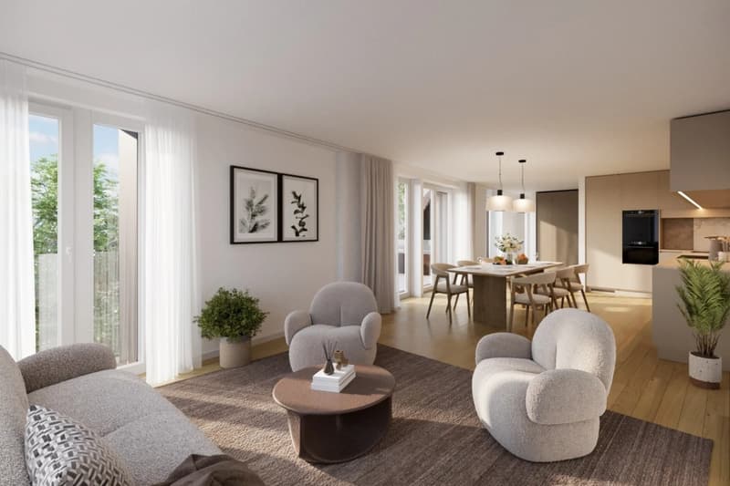 modern living room with gray couch, round coffee table, two armchairs, carpet, large windows, dining table, kitchen