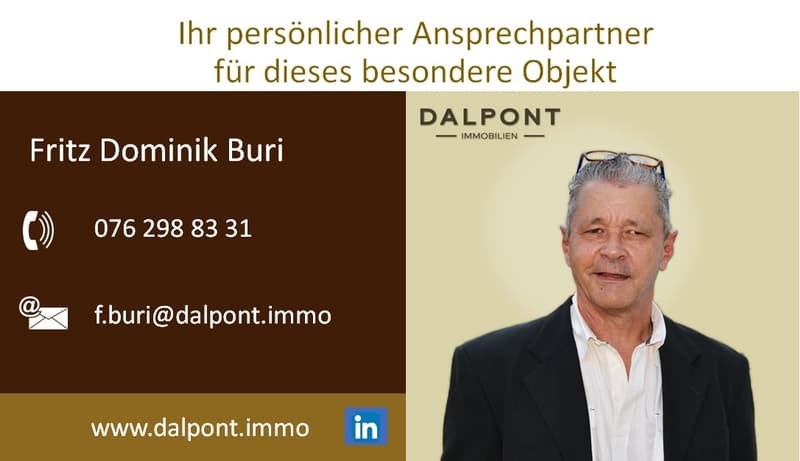Business card for Fritz Dominik Buri from Dalpont Immobilien. Contact details given: Phone number, Email, LinkedIn