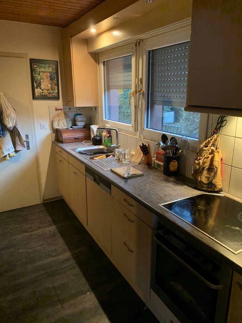 granite countertops, wooden cabinets, dishwasher, private washing machine, tiled floor, double window, faucet, sink, stainless steel appliances, various kitchen utensils