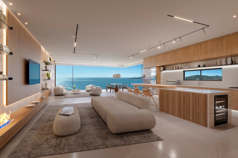modern design, large windows, fireplace, ocean view, wooden flooring, open layout