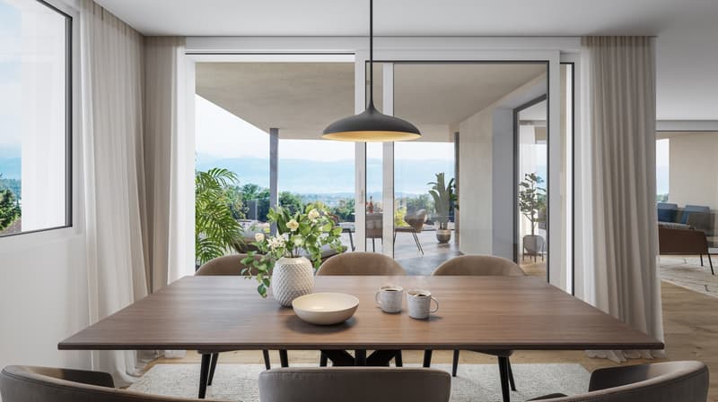 Dining room with large windows, wooden table, chairs, vase with flowers, bowl, coffee cups, pendant lamp