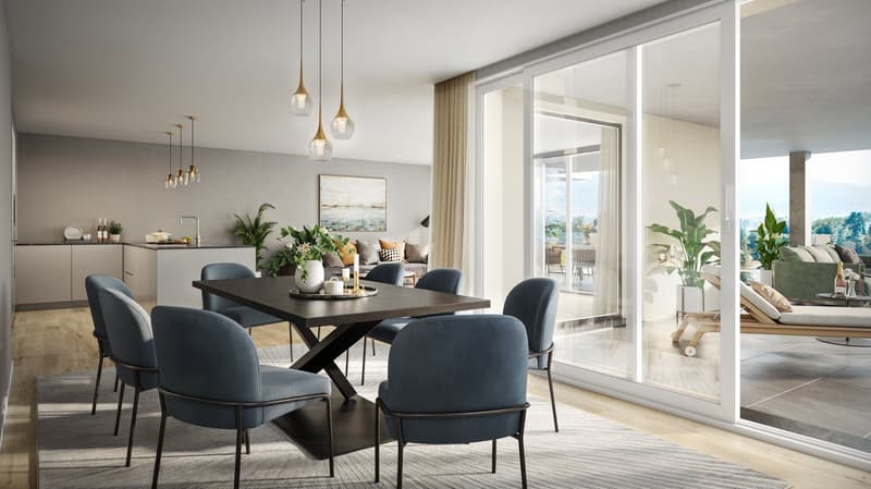 Dining room with a table, chairs, and a large glass door leading to a balcony with a view of the outside.