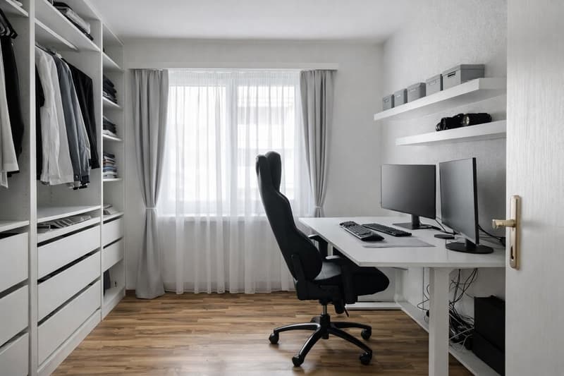 A room with a desk, chair, monitors, keyboard, mouse, shelves, and a closet.