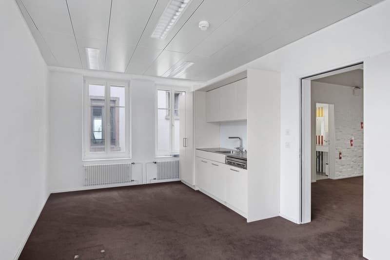 Spacious open-plan living area with white walls, large windows, hardwood flooring, and a modern kitchen with built-in appliances including a dishwasher.