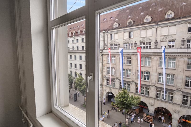 The image shows a view of a historic, ornate building with a red-tiled roof and decorative architectural features. The building appears to be located in a city, with other buildings visible through the window. There are Swiss flags displayed on the buildi