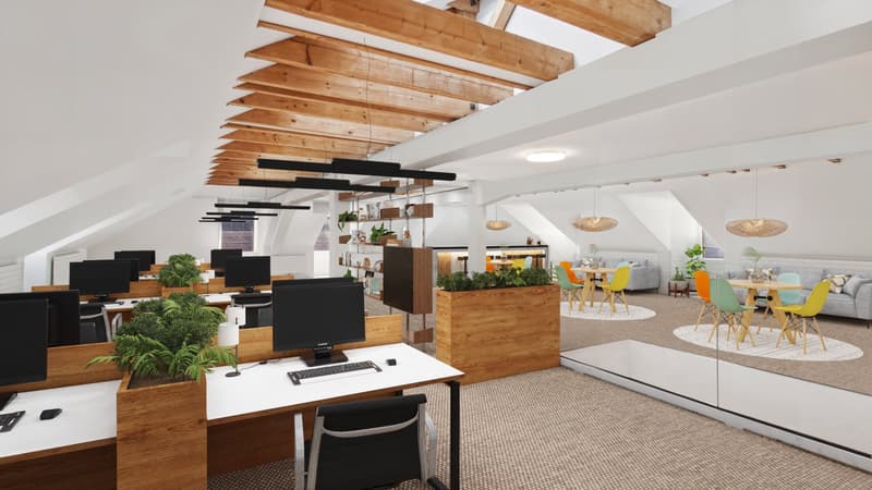 wooden ceiling, beige floor, several office stations with computer and plants, lounge area with chairs and tables, couch, glass door