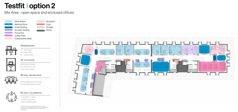 An office floor plan with various rooms such as workstations, open space, single offices, focus rooms, and meeting rooms.