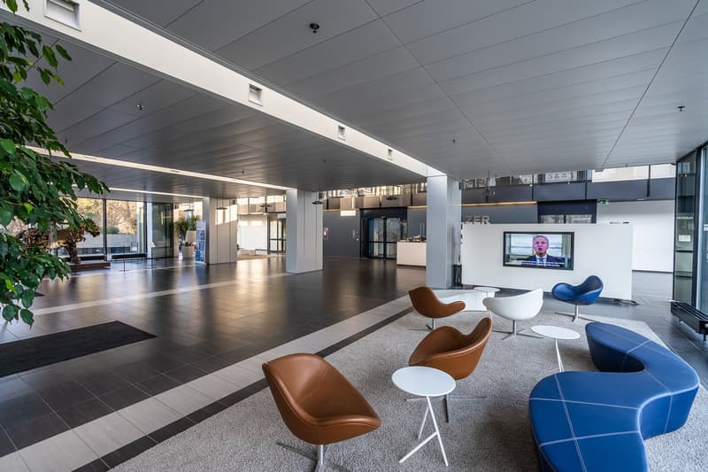 modern lobby with large open space, black and white tiled floor, white ceiling, modern furniture, large plant, tv screen
