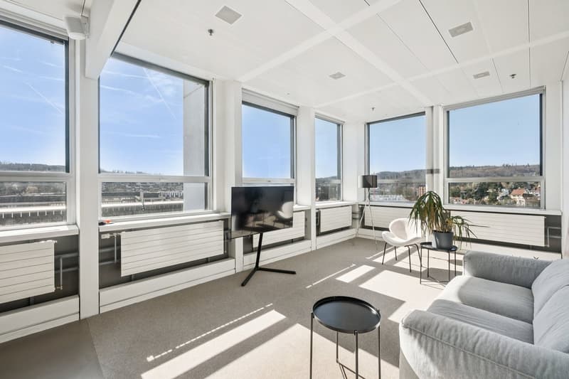 large windows, gray couch, black coffee table, white chair, potted plant, flat screen TV