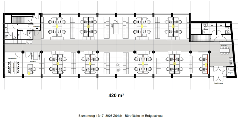 office layout with multiple rooms, meeting rooms, entrance, storage rooms, staircases