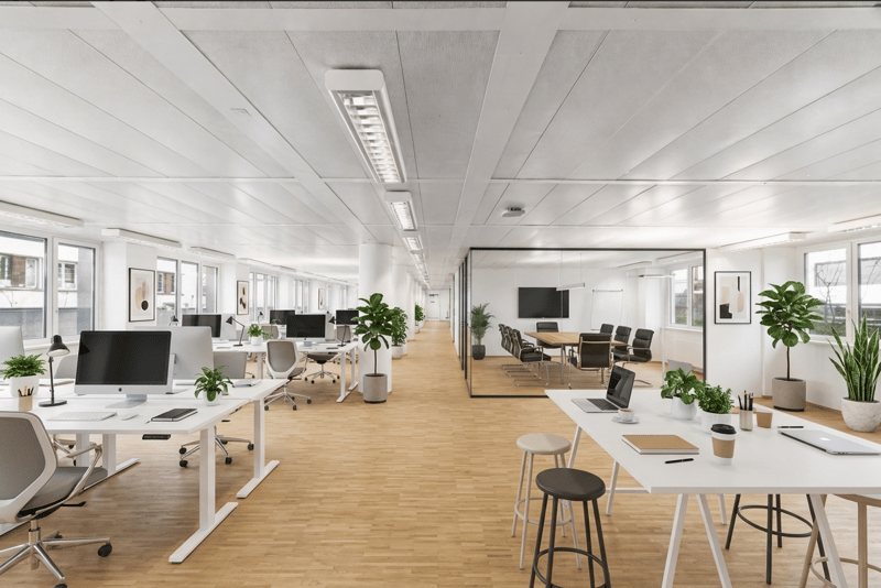 modern office space with white desks, chairs, and plants, large windows, and a mirrored wall