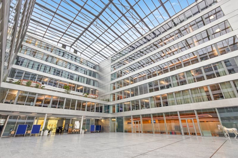 modern office building, large glass windows, glass roof, open atrium, potted plants, zebra statue