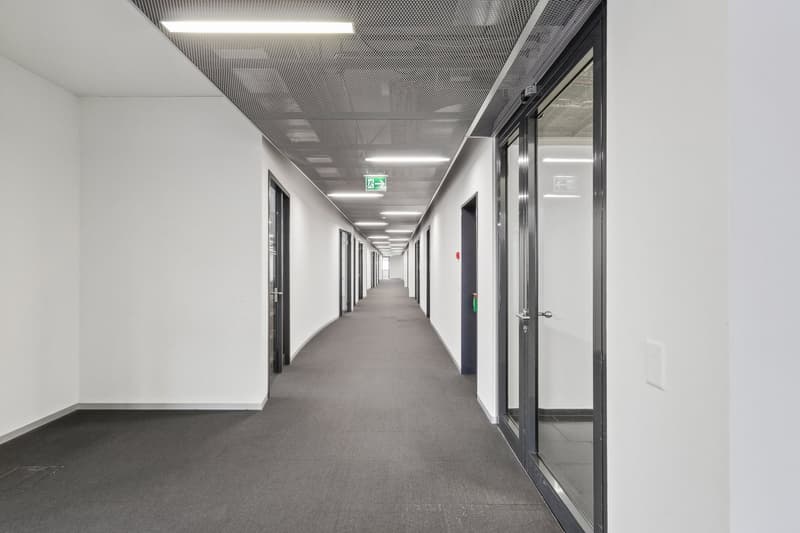 long hallway, white walls, gray flooring, glass doors, emergency exit signs