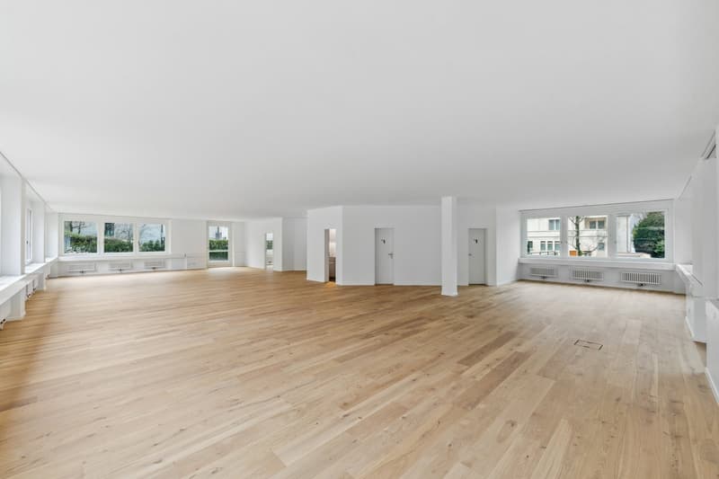 large room, hardwood floors, white walls, large windows, white pillars