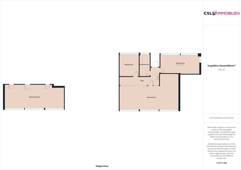 The floor plan shows a ground floor with a living room, kitchen, two bedrooms, two bathrooms, and a balcony.