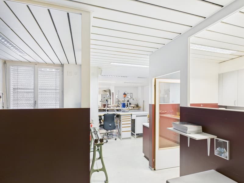 Industrial room, white walls, ceiling with horizontal panels, brown dividers, shelves with books, work bench, windows with blinds, office chairs, open door, room in the background