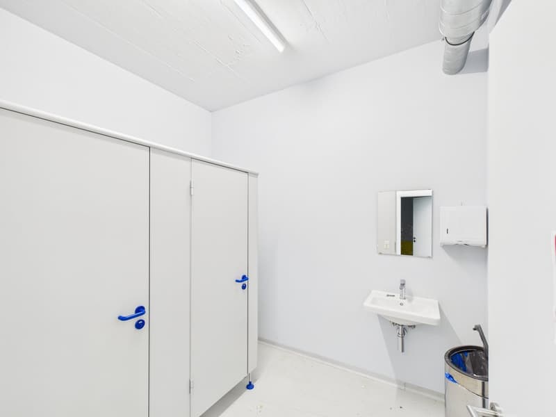 Bathroom with two white lockers, mirror, sink, tissue holder, and trash can