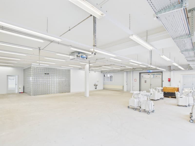 Large open warehouse, white walls, concrete floor, industrial shelving on the right, various trolleys and storage boxes scattered