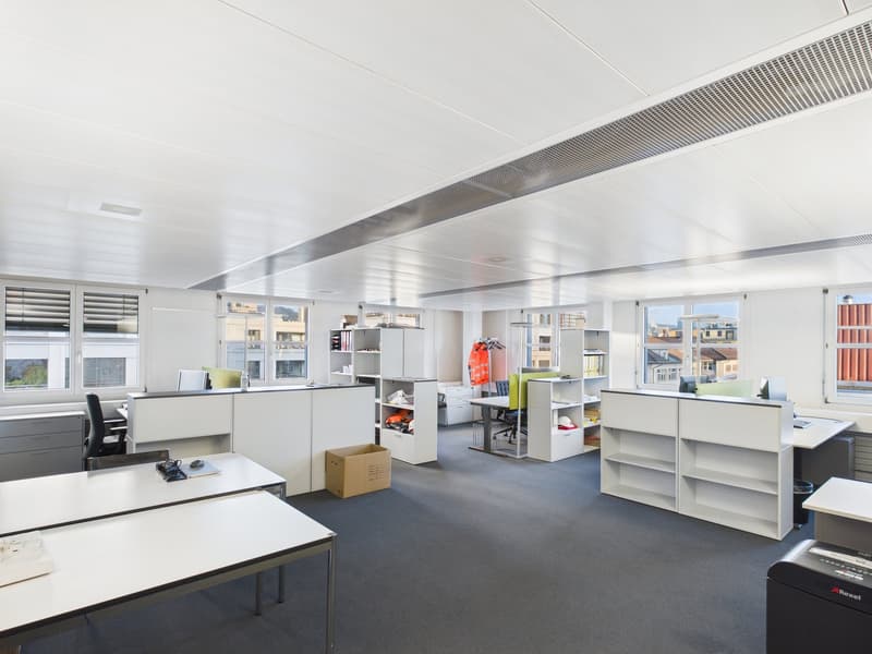 modern office space, all white shelves and desks, large windows, office chairs, grey carpet, some office supplies