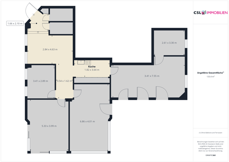 The floor plan shows a 3-bedroom apartment with a living room, kitchen, and bathroom. The apartment has a total area of 133.4 m2.