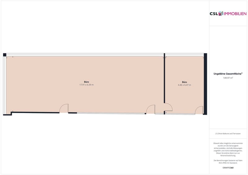 The image shows a floor plan with two office spaces. The total area is 145.97 square meters. The plan includes two office rooms, one measuring 17.91 x 6.39 meters and the other 4.46 x 6.47 meters. The floor plan also indicates the presence of a balcony or