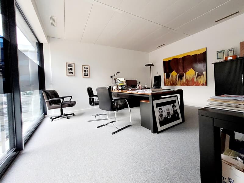 Spacious office with large windows, modern furniture including a desk, chairs, and a framed artwork on the wall. The room has a minimalist and professional design.
