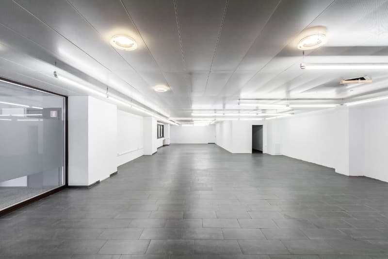 large open space, white walls, gray floor, windows, overhead lighting