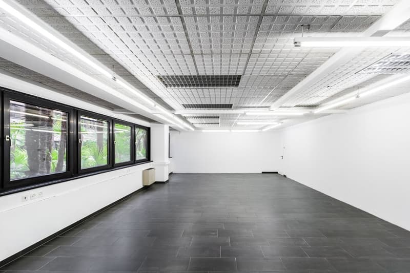 Empty room, white walls, black tiles, ceiling lamps, windows
