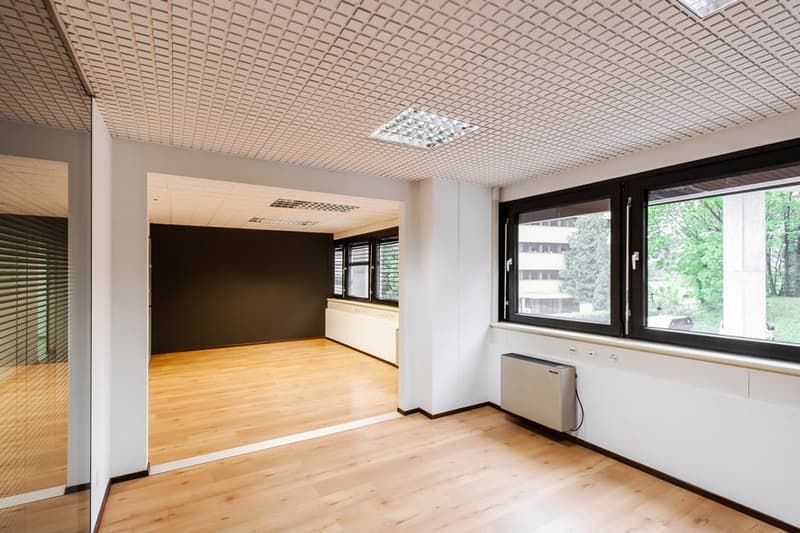 empty room with white walls, wooden floor, black windows, office furniture