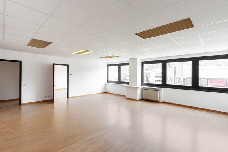 An empty office space with wooden floors and white walls. The room has large windows with black frames and a modern ceiling design. There are two doors, one leading to a small hallway and another opening to the outside. A radiator is mounted on the wall b