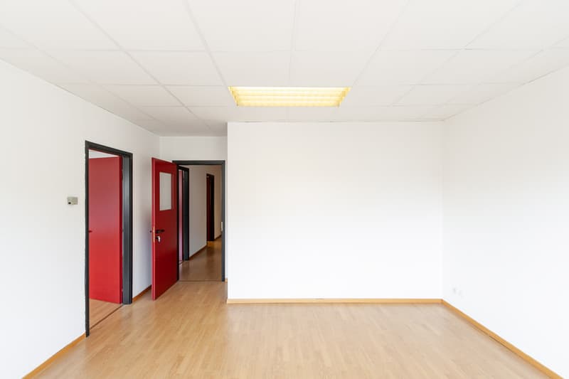 Empty room with wooden floor, white walls, white ceiling, ceiling light, and red doors