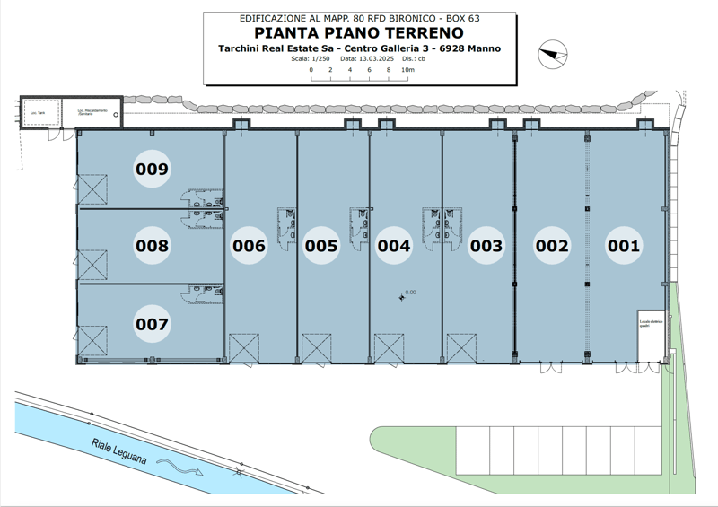 The image shows a floor plan of a building with 9 units labeled 001 to 009. The units appear to be rectangular in shape. There is a river or body of water labeled 'Riale Leguane' running along one side of the building.