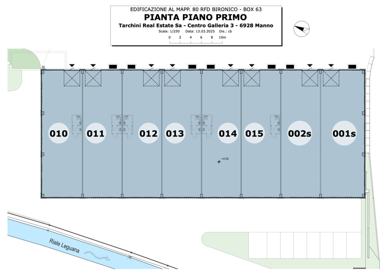 The image shows a floor plan with 8 units labeled 010, 011, 012, 013, 014, 015, 002s, and 001s. The units are arranged in a row along the Riale Leguana river.
