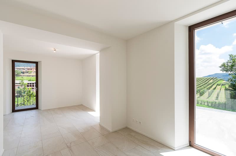 Empty room, white tiles, large glass windows, glass door, balcony with railings, mountain view.
