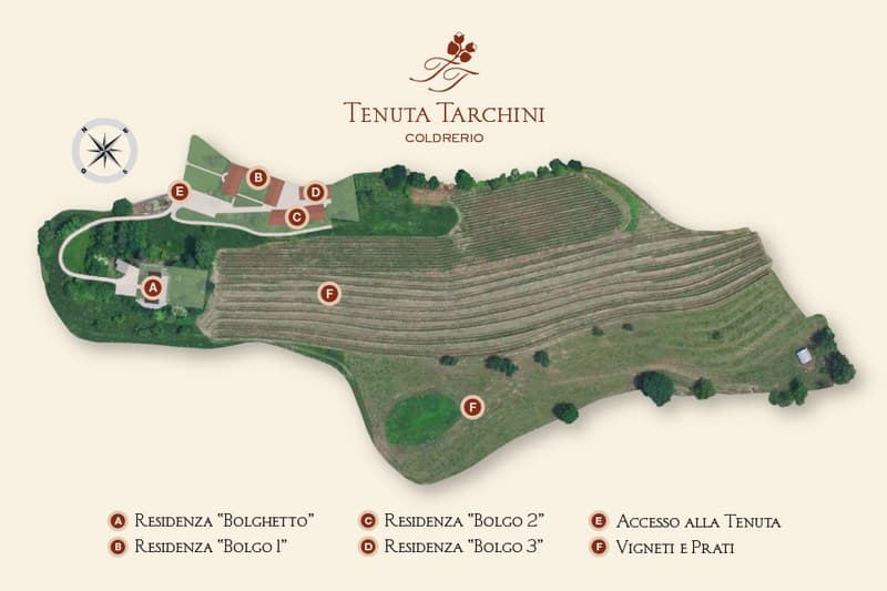 Floor plan showing multiple residences and vineyard access paths