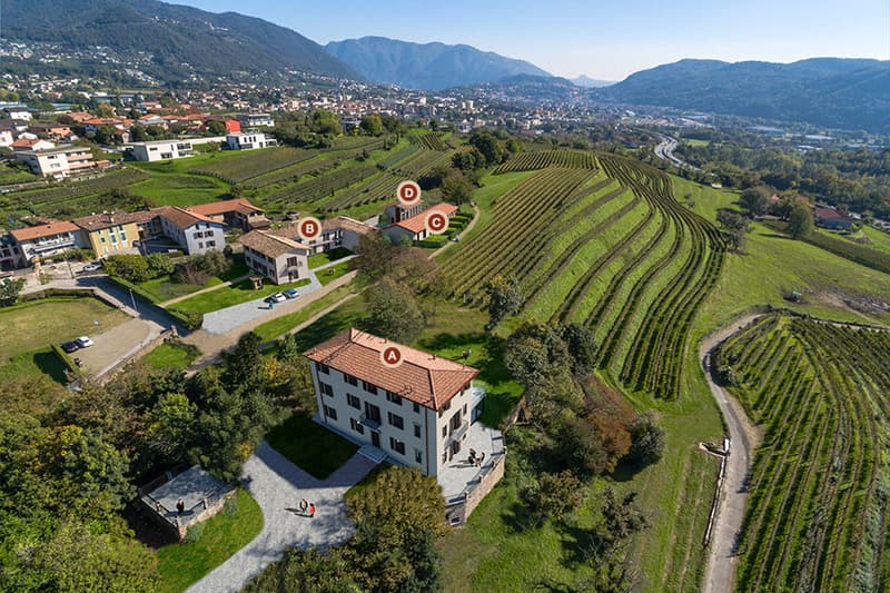Main building with large windows, red roof, several smaller buildings around, vineyard surrounding the buildings, hills in the background.