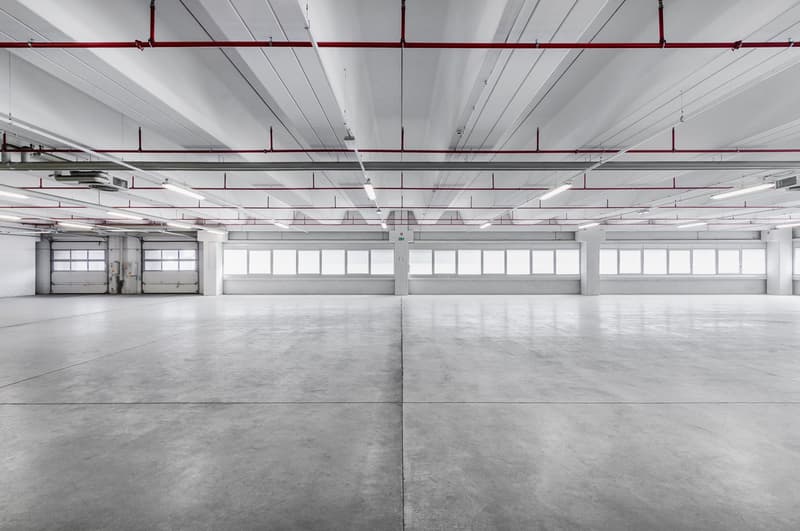 spacious industrial hall with white walls, concrete floor, windows, exposed pipes, overhead lighting