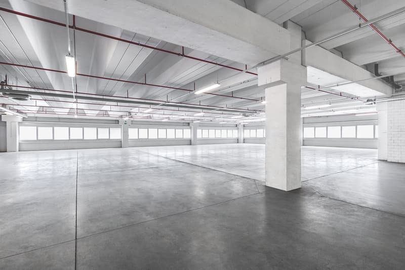 wide open space, concrete floors, white columns, exposed beams, fluorescent lights