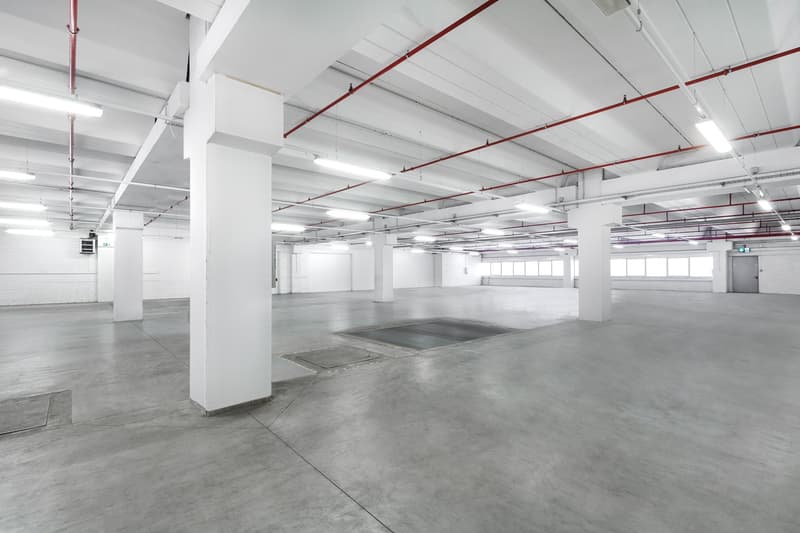 Empty space, concrete floor, white walls, red pipes on the ceiling, lights