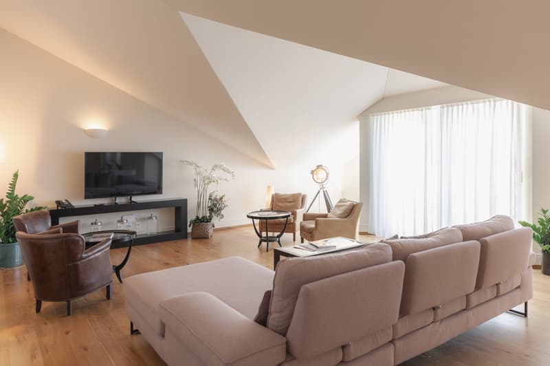 spacious living room, large couch, wooden floor, white walls, windows, glass table, TV