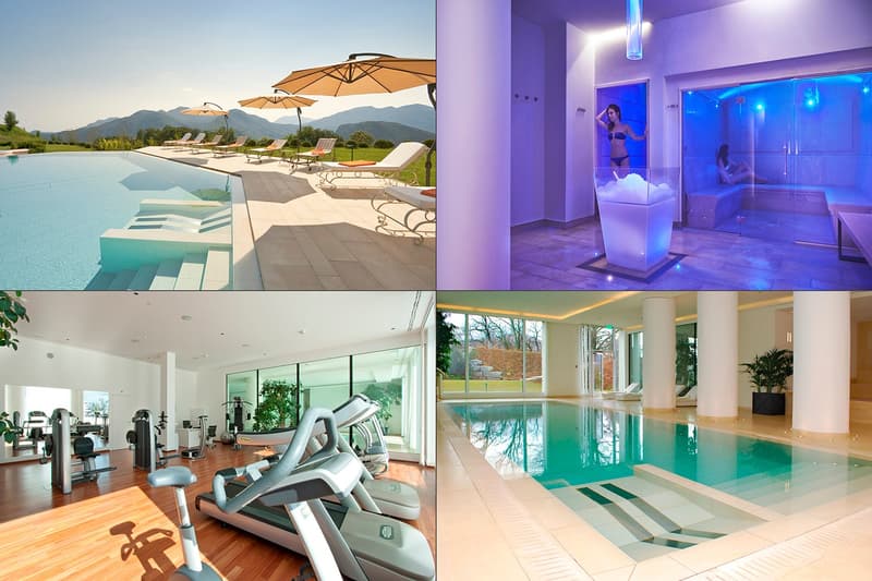 Outdoor swimming pool with deck chairs, spa with sauna, gym with modern equipment, indoor pool.